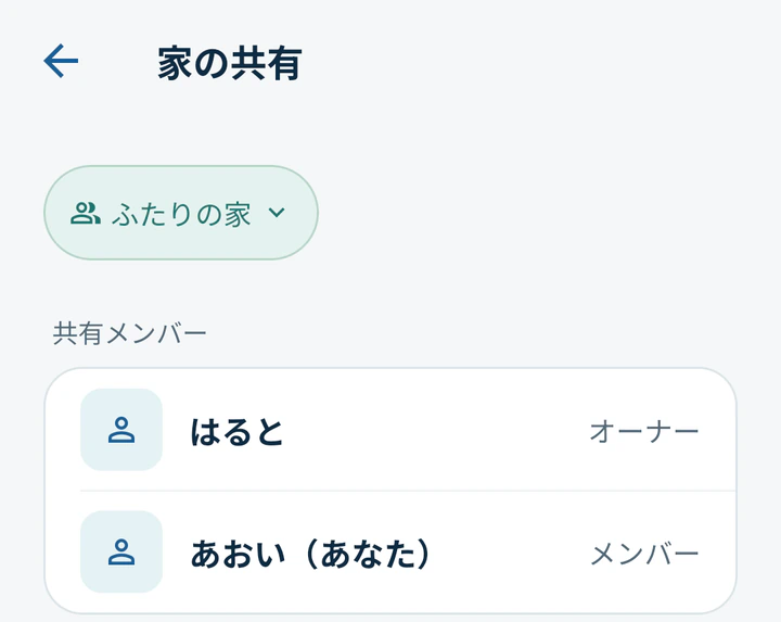 家「ふたりの家」のオーナーのはるとさんと、メンバーのあおいさんが並ぶMonogooの家の共有画面
